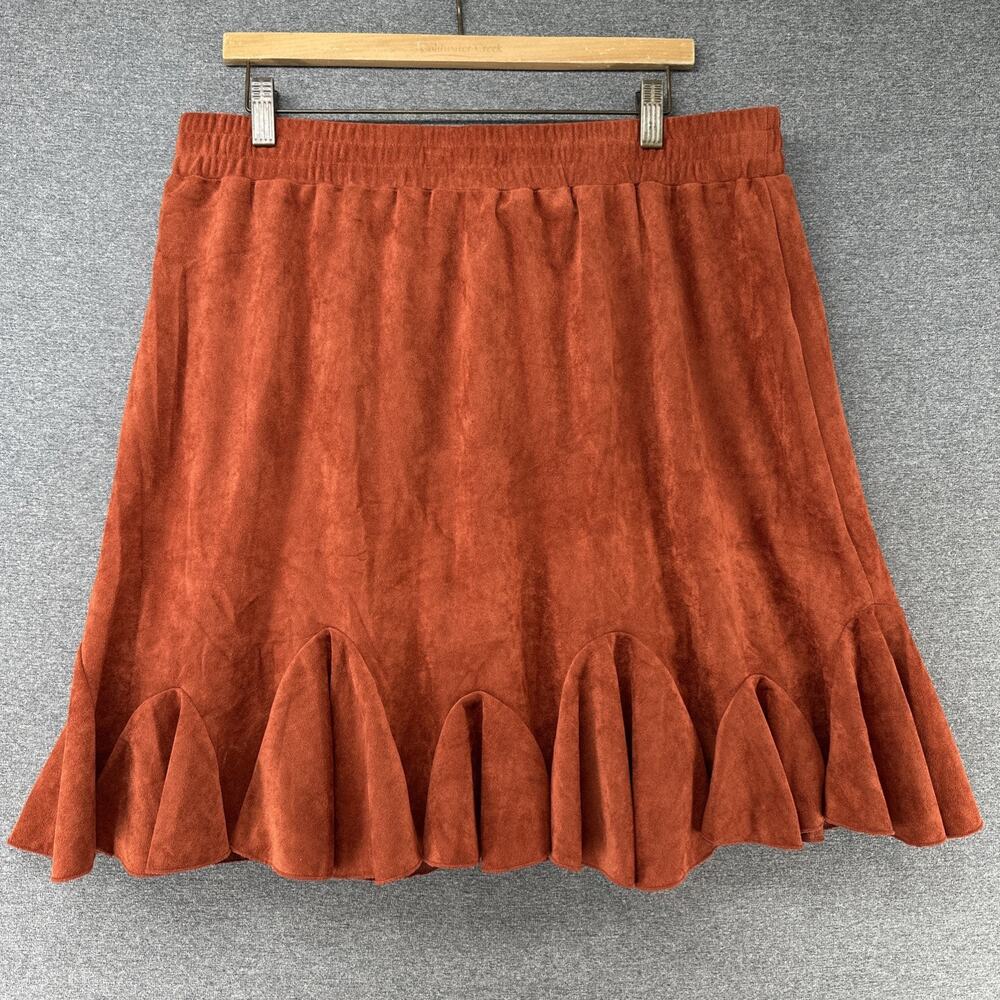 Grace Emma Skirt Womens 2XL Rust Orange Faux Suede Ruffle Hem Elastic Waist Mini